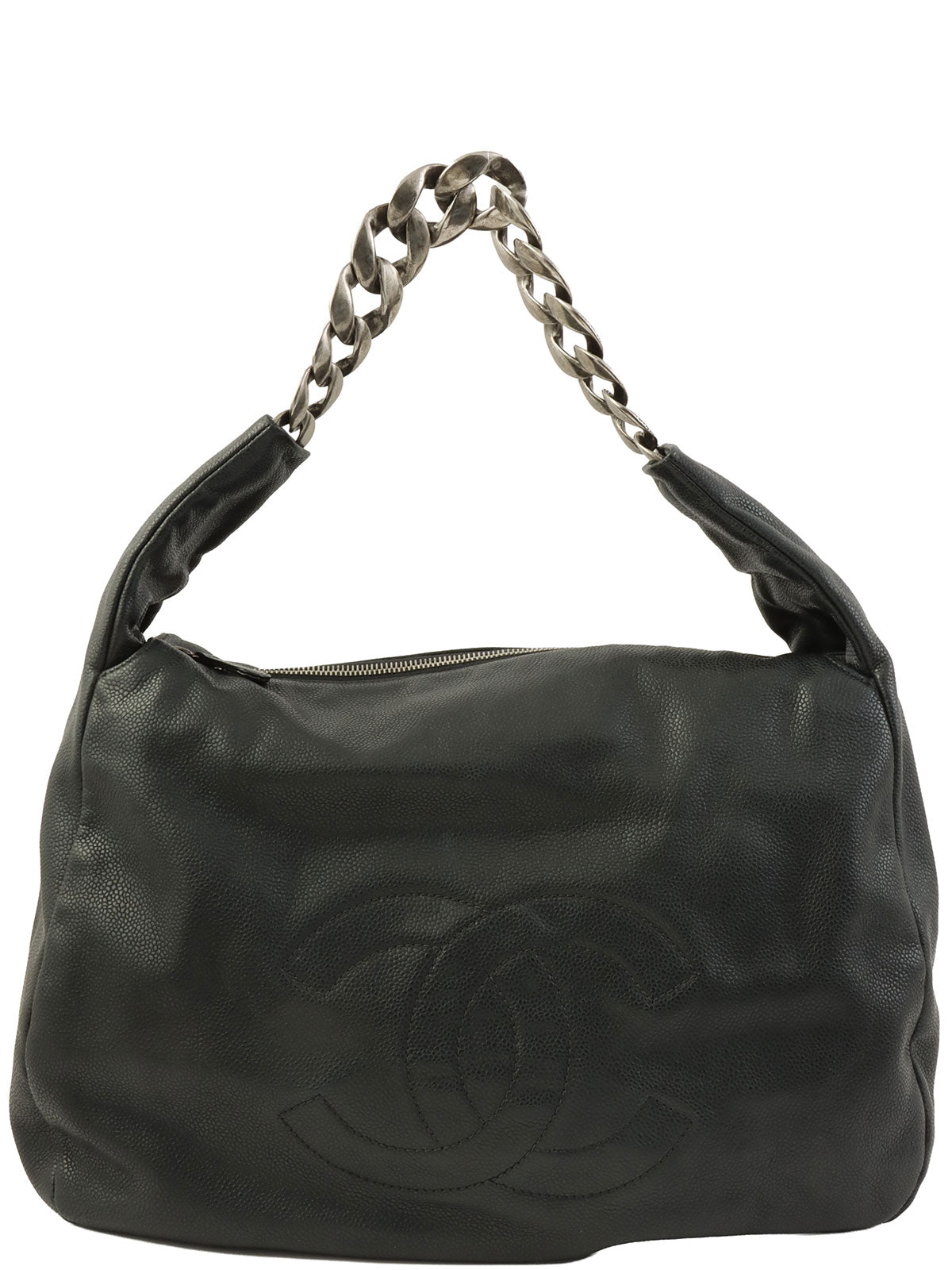 2009年頃製 キャビアスキンCCマークステッチチェーンショルダーバッグ チャコールグレー