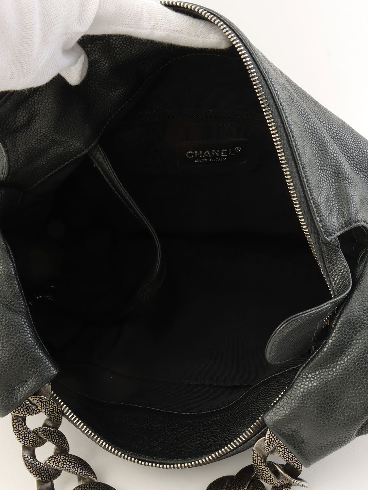 2009年頃製 キャビアスキンCCマークステッチチェーンショルダーバッグ チャコールグレー