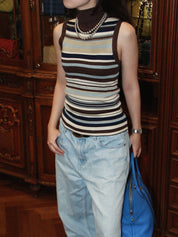 シルクボーダーパターンノースリーブニット ブラウン/マルチ