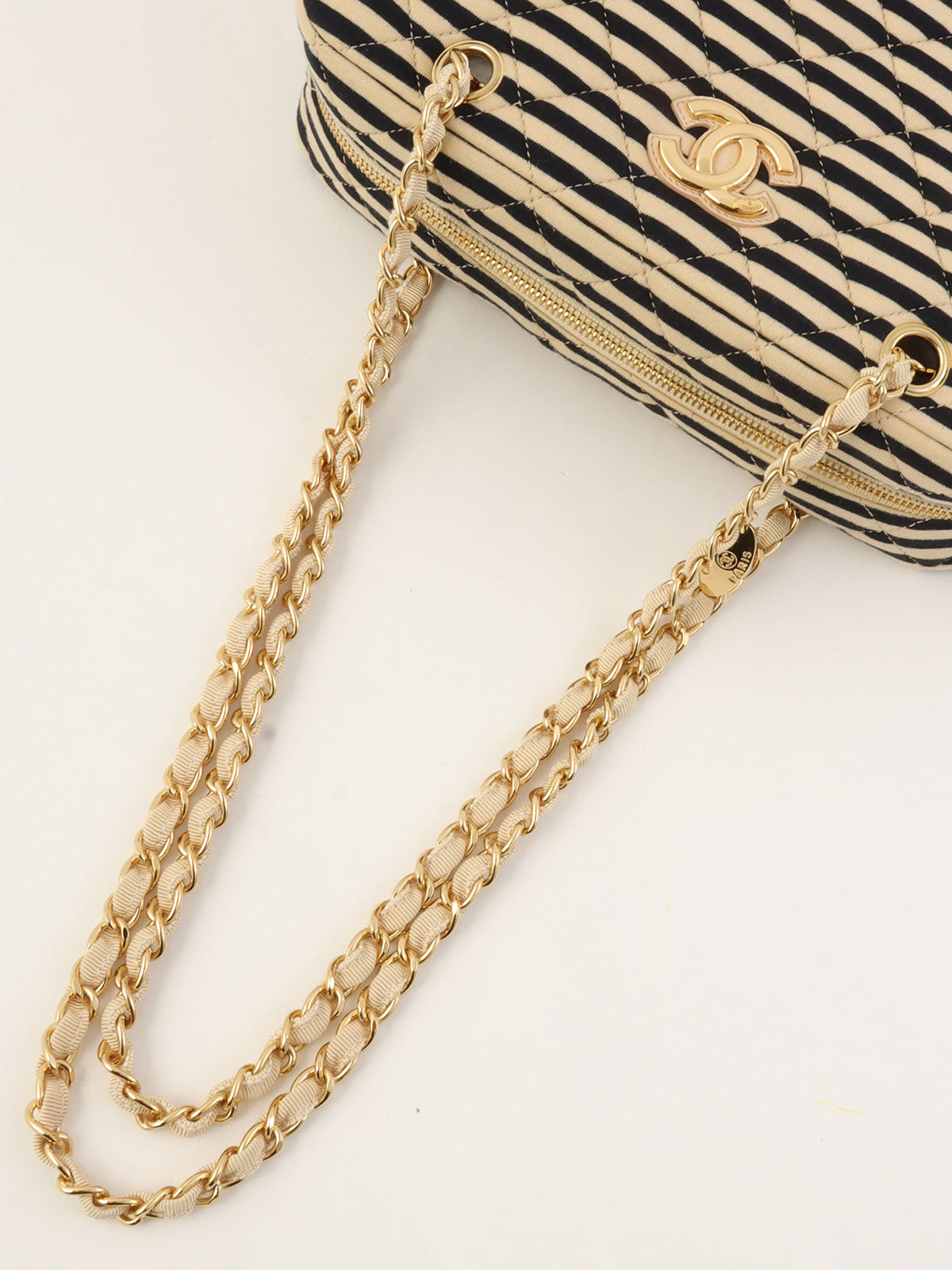 2014年頃製 コットンボーダーパターンCCマークチェーントートバッグ ベージュ/ブラック