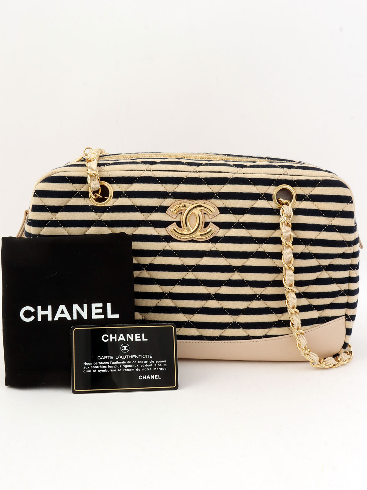 2014年頃製 コットンボーダーパターンCCマークチェーントートバッグ ベージュ/ブラック