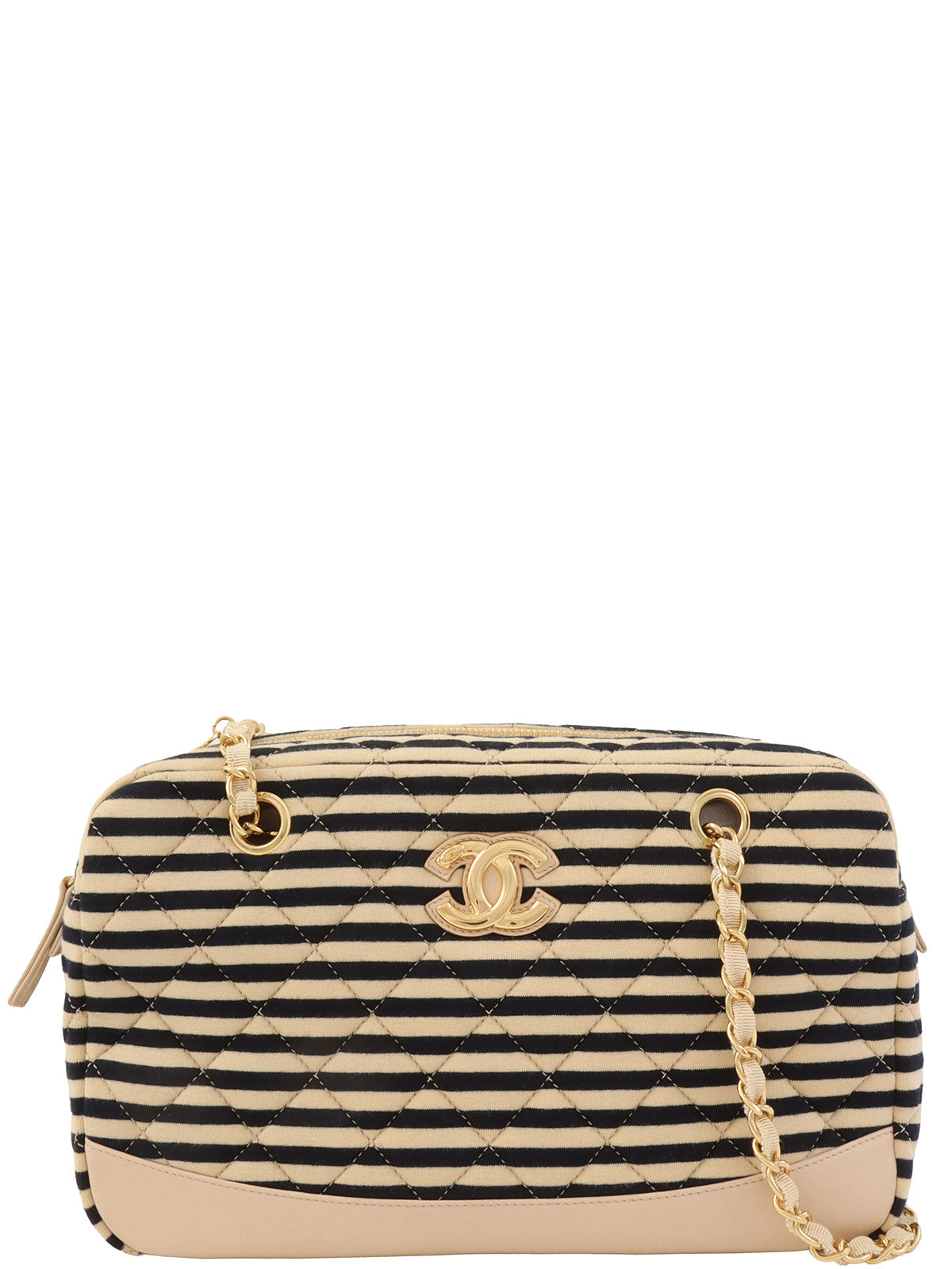 2014年頃製 コットンボーダーパターンCCマークチェーントートバッグ ベージュ/ブラック