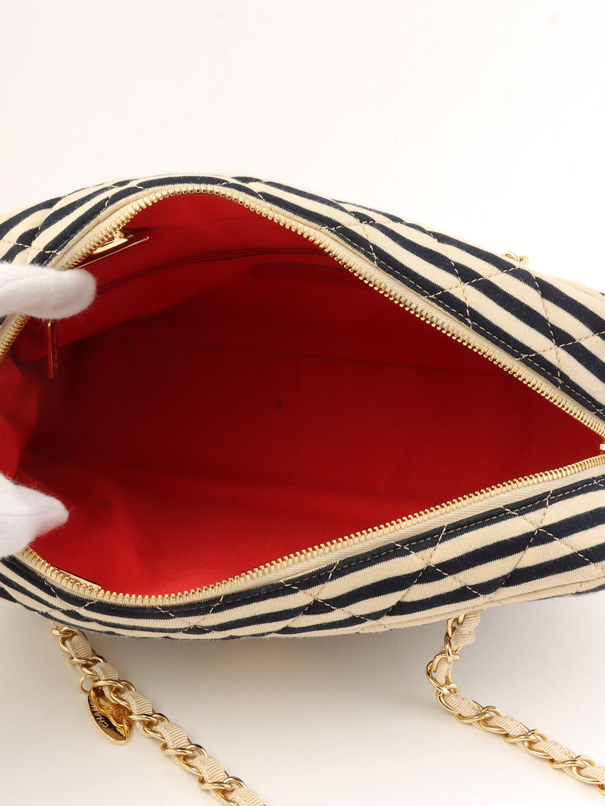 2014年頃製 コットンボーダーパターンCCマークチェーントートバッグ ベージュ/ブラック