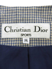 リネンギンガムチェックパターンノーカラージャケット ブルー