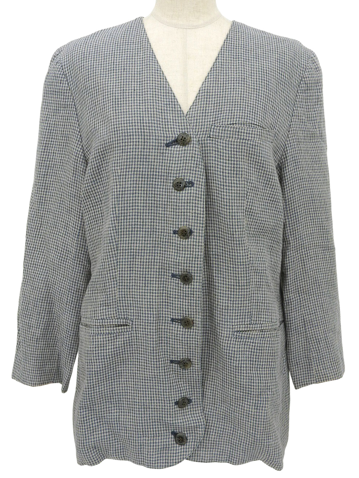 リネンギンガムチェックパターンノーカラージャケット ブルー