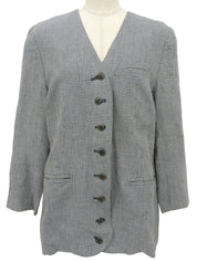 リネンギンガムチェックパターンノーカラージャケット ブルー