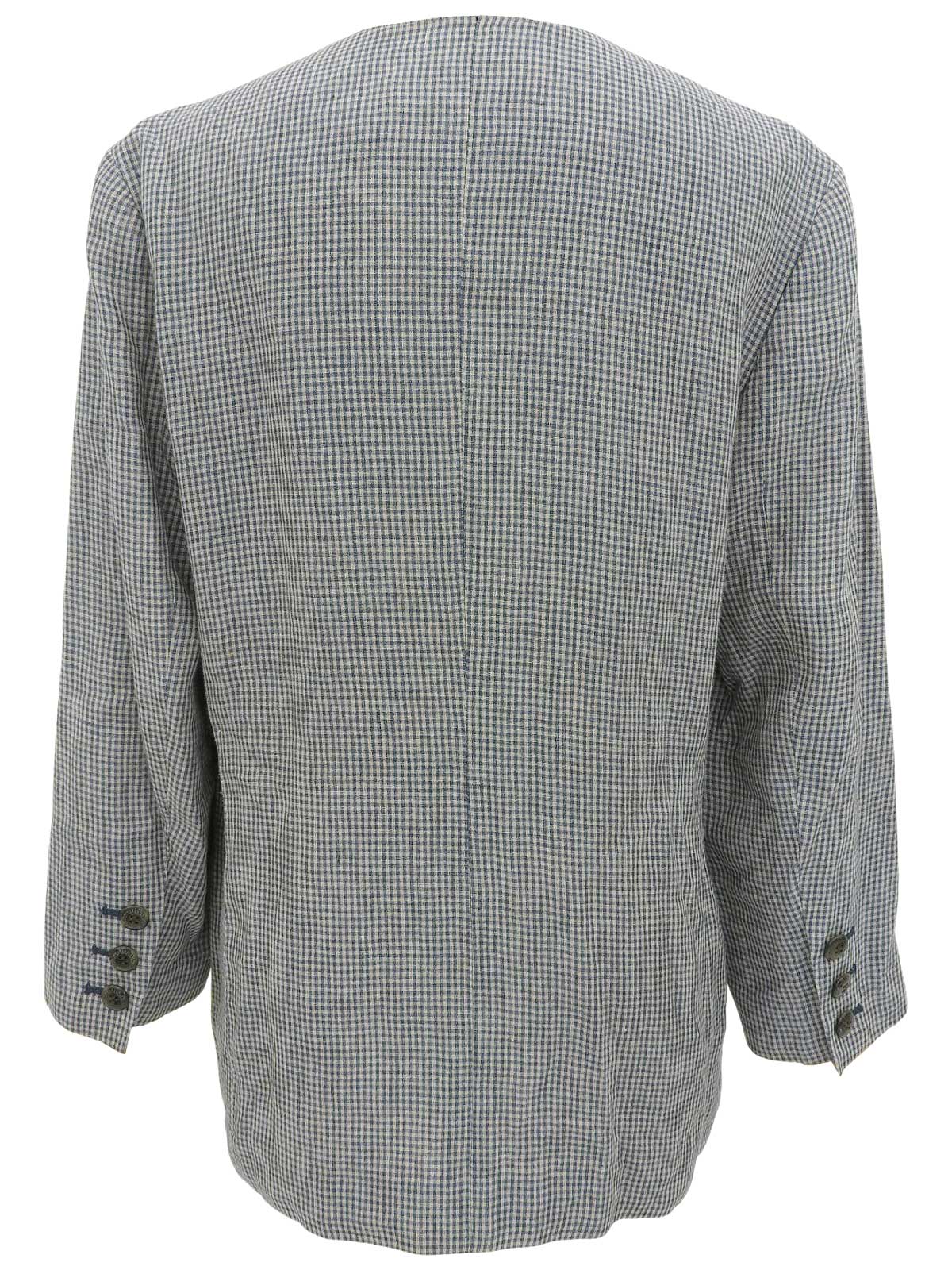 リネンギンガムチェックパターンノーカラージャケット ブルー