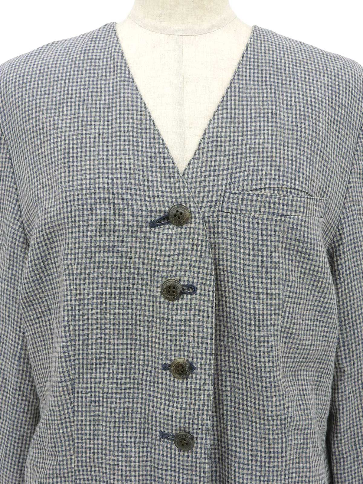 リネンギンガムチェックパターンノーカラージャケット ブルー