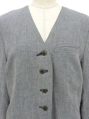 リネンギンガムチェックパターンノーカラージャケット ブルー