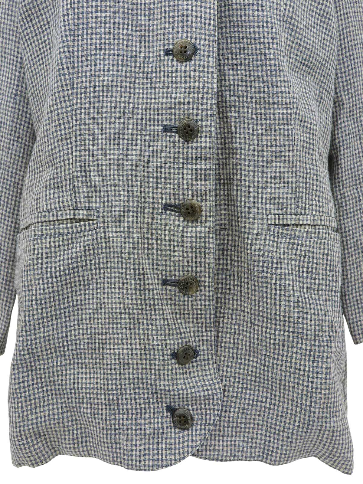 リネンギンガムチェックパターンノーカラージャケット ブルー