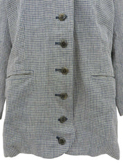 リネンギンガムチェックパターンノーカラージャケット ブルー