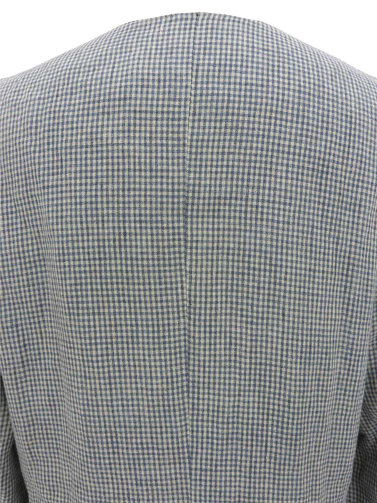 リネンギンガムチェックパターンノーカラージャケット ブルー