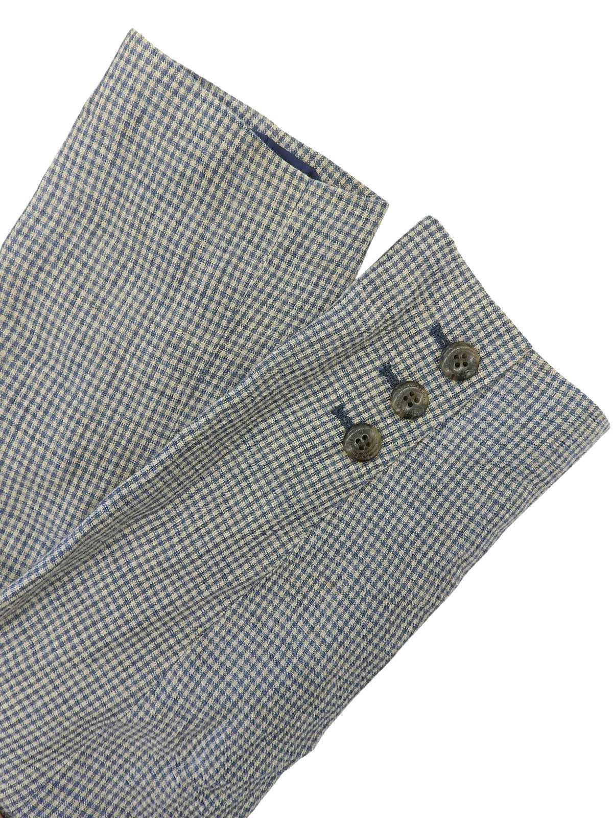 リネンギンガムチェックパターンノーカラージャケット ブルー