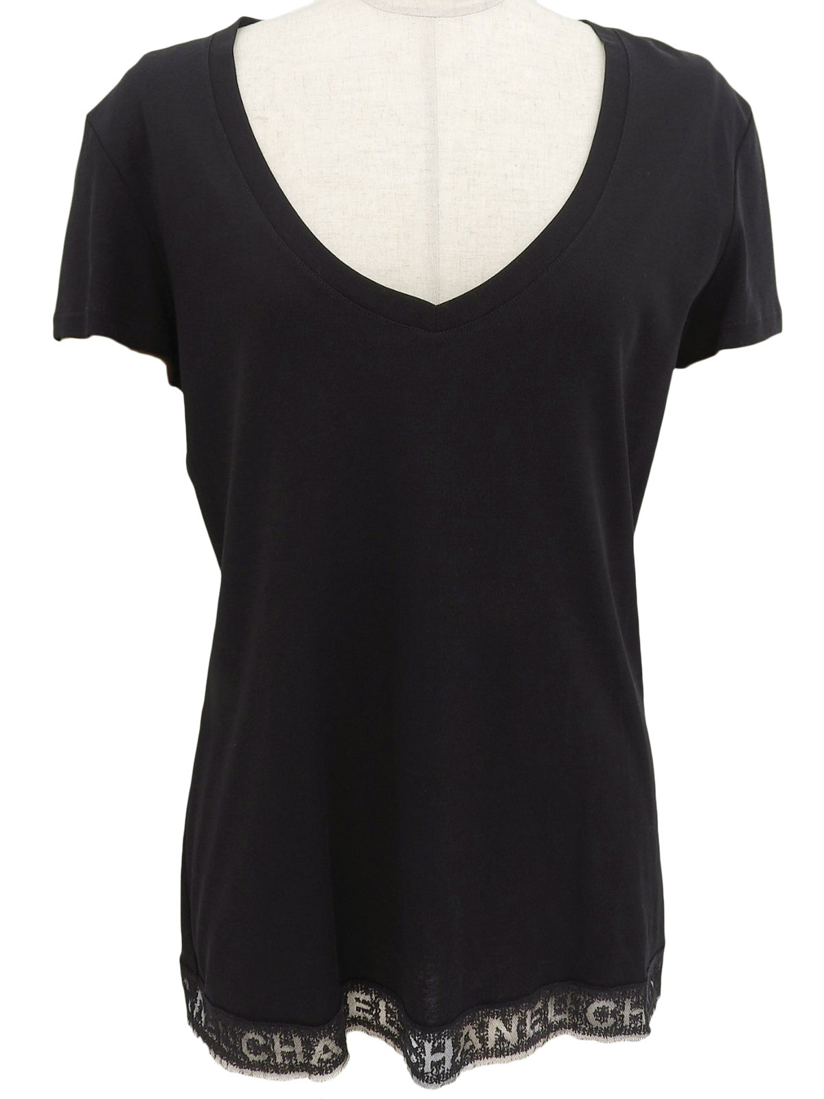 ロゴレースVネック半袖トップス ブラック