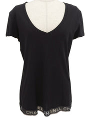 ロゴレースVネック半袖トップス ブラック