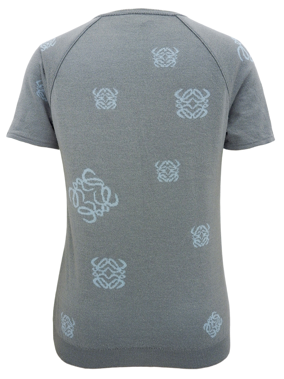 ウールアナグラムパターンショートスリーブVネックニットトップス　グレー/ライトブルー