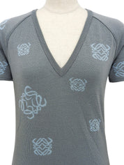 ウールアナグラムパターンショートスリーブVネックニットトップス　グレー/ライトブルー