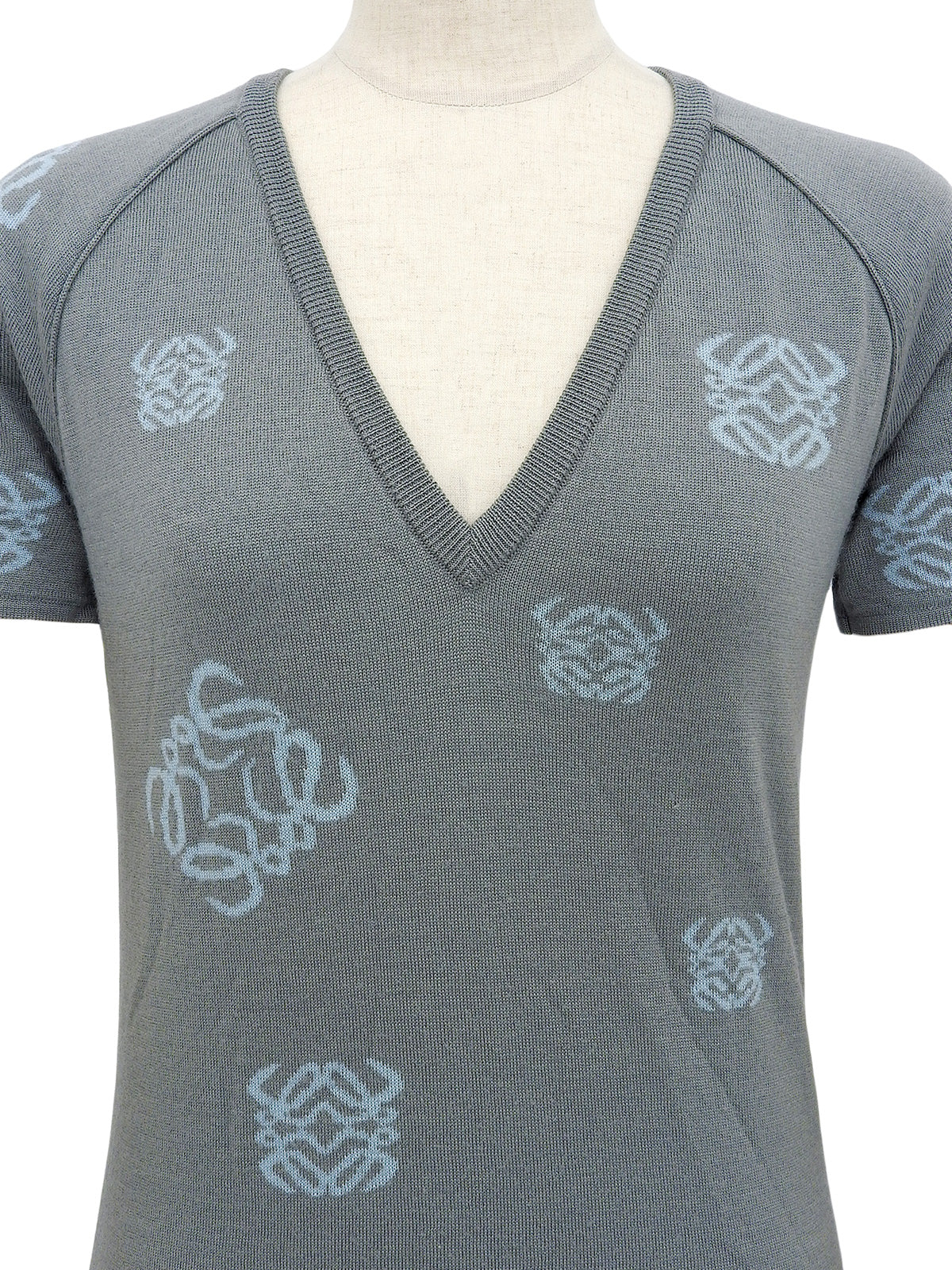 ウールアナグラムパターンショートスリーブVネックニットトップス グレー/ライトブルー