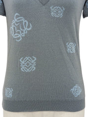 ウールアナグラムパターンショートスリーブVネックニットトップス グレー/ライトブルー