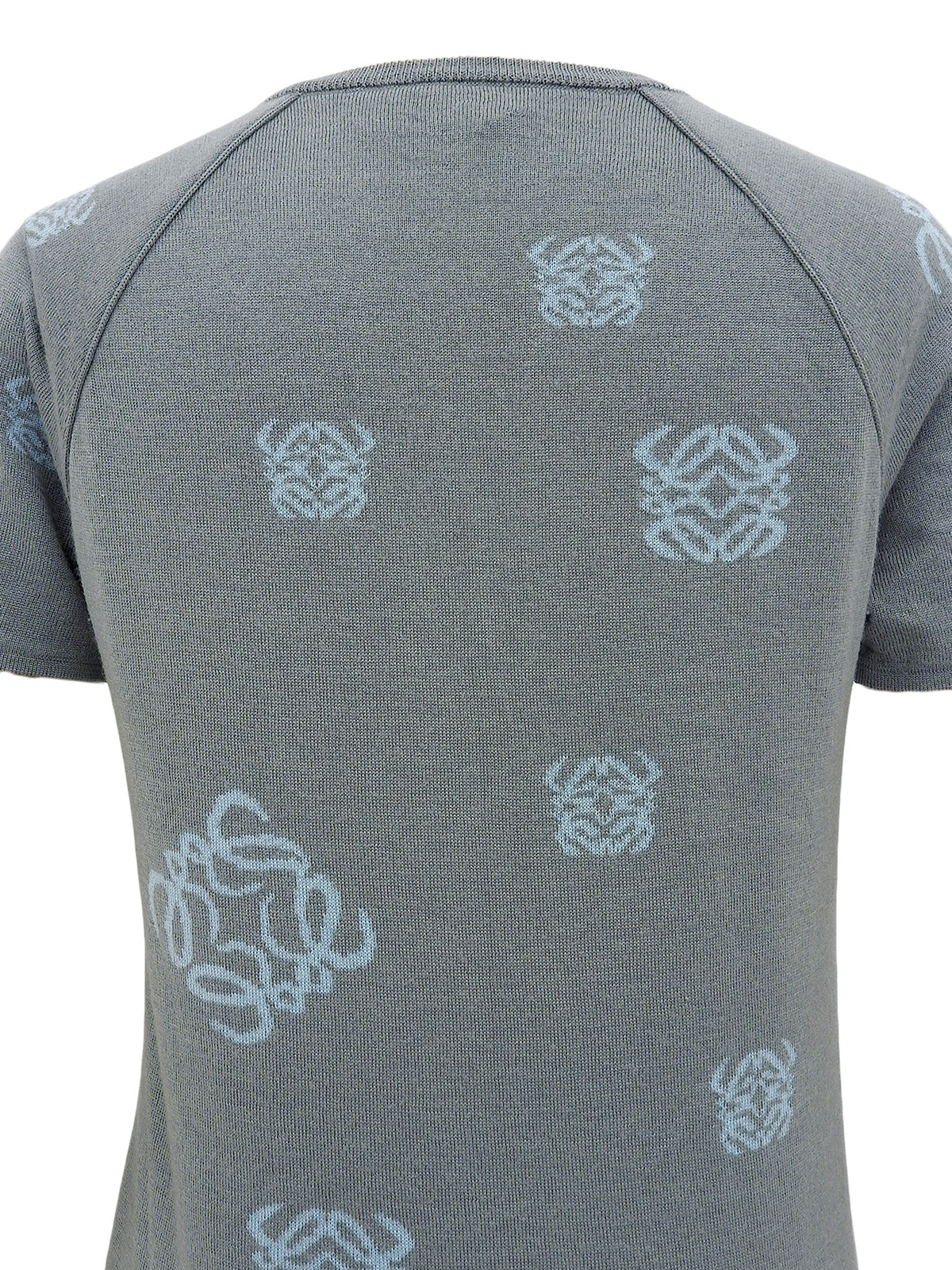 ウールアナグラムパターンショートスリーブVネックニットトップス　グレー/ライトブルー