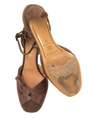 スエードレザーコンビリボンストラップパンプス ブラウン