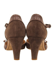 スエードレザーコンビリボンストラップパンプス ブラウン