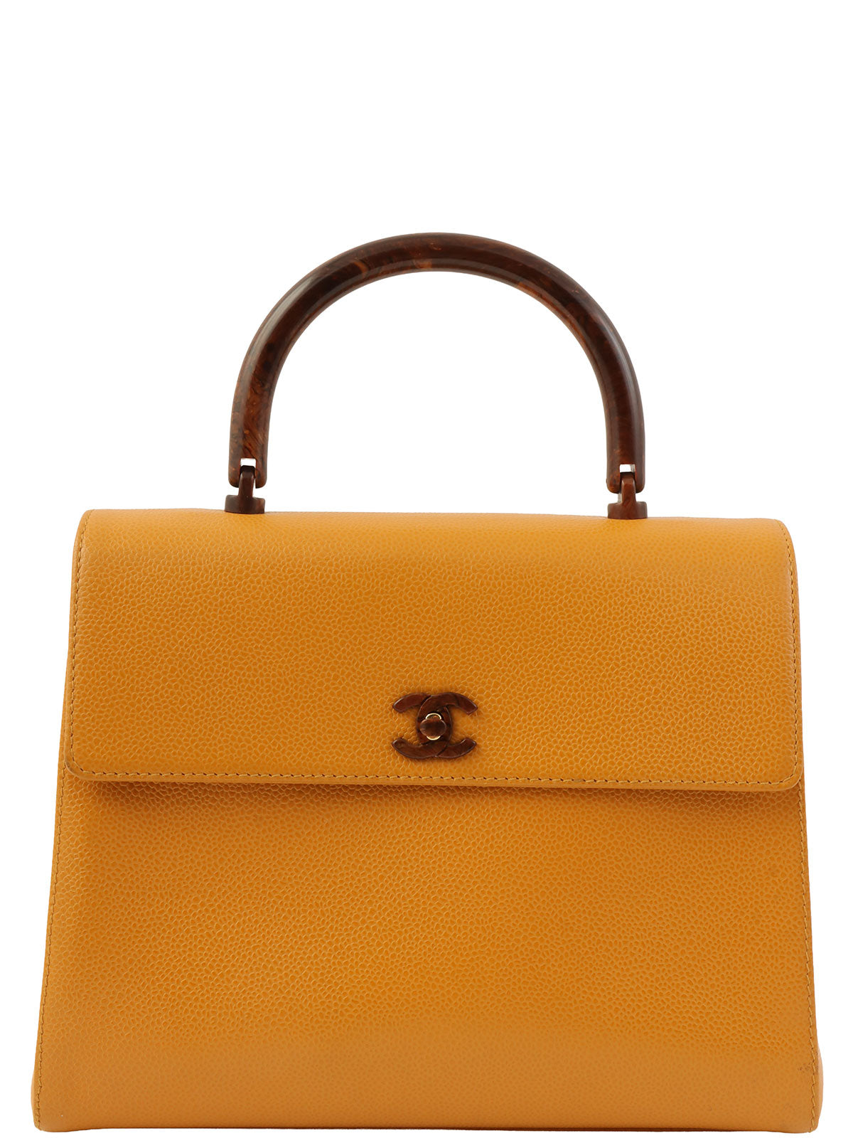 2000年頃製 キャビアスキンCCターンロックウッドハンドルバッグ マンダリンオレンジ
