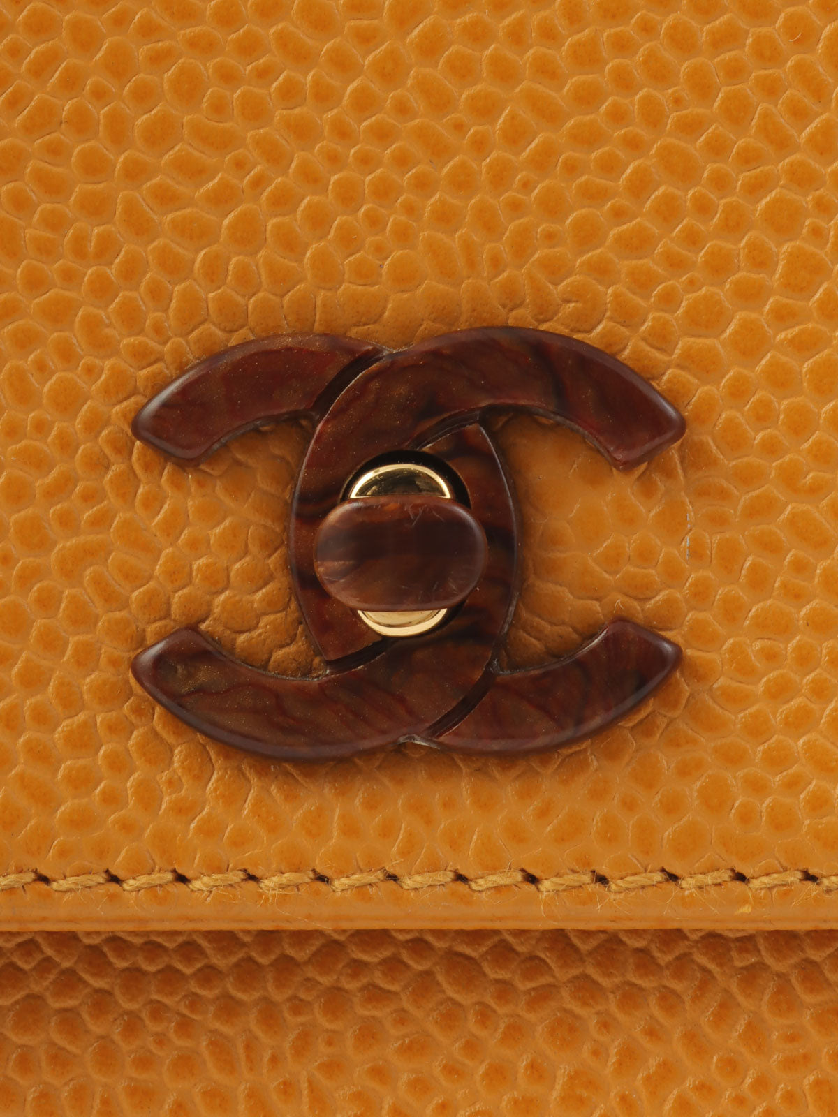 2000年頃製 キャビアスキンCCターンロックウッドハンドルバッグ マンダリンオレンジ