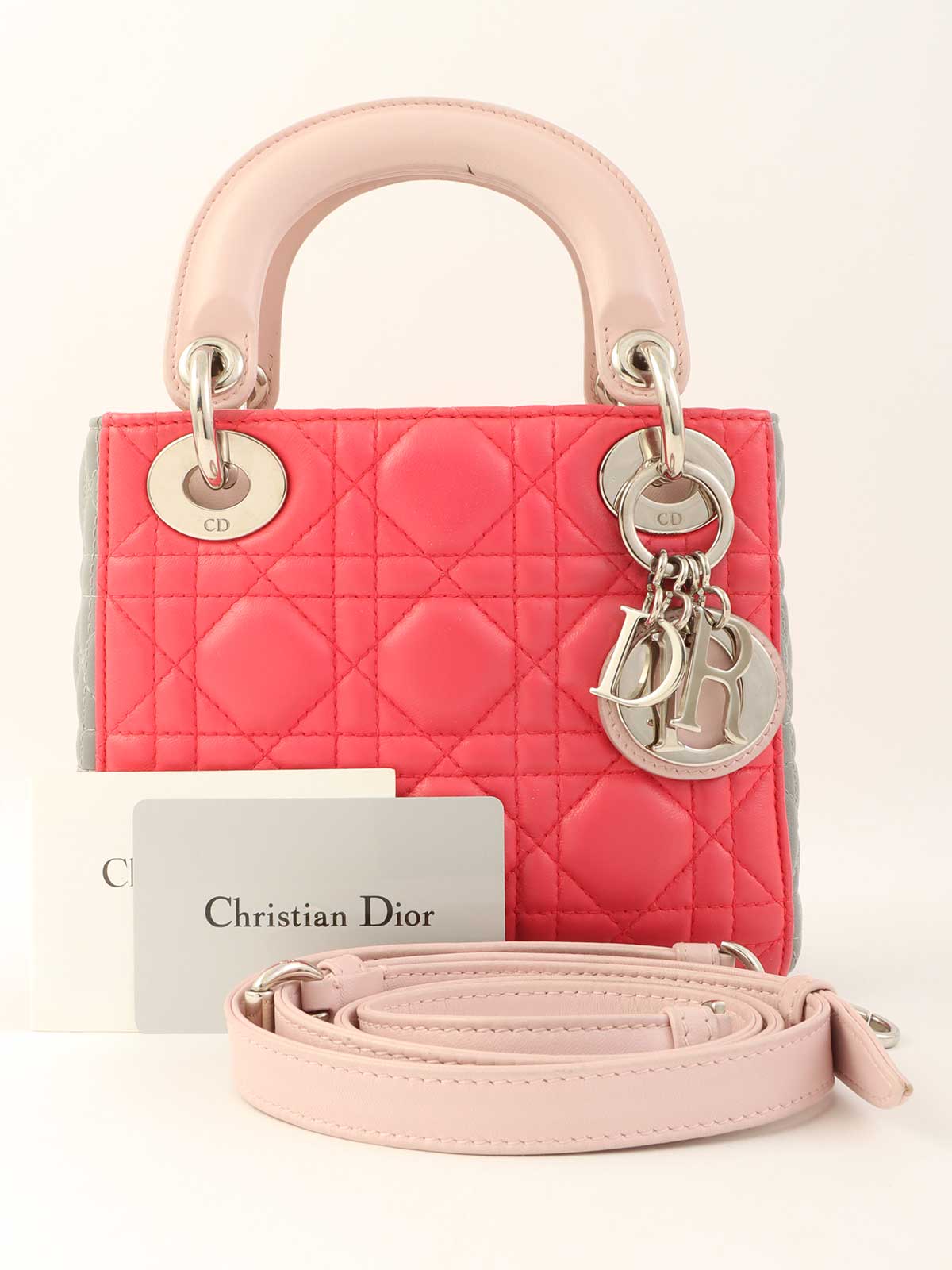 レディディオールミニカナージュステッチ2wayバッグ ピンク/グレー