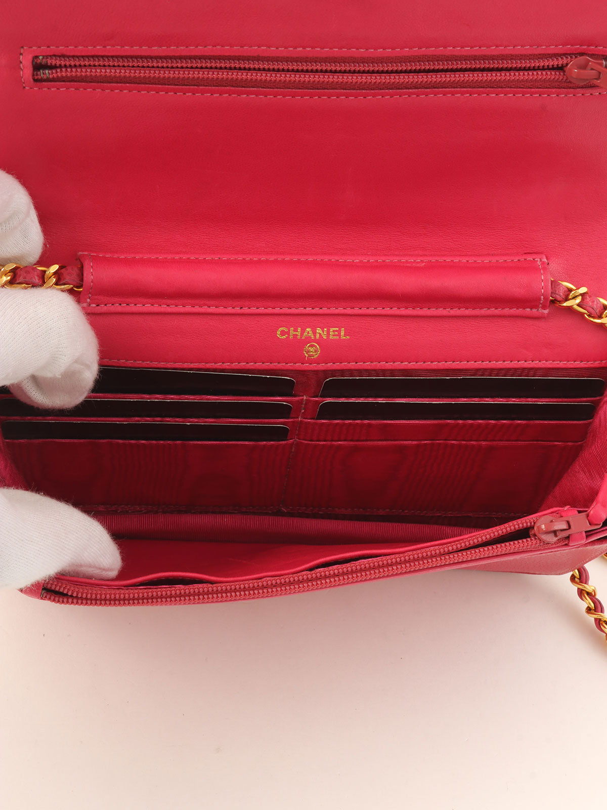 1998 Caviar Skin CC Mark Stitch Chain Wallet, Pink