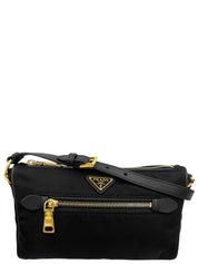 Nylon logo plate one-shoulder bag in black