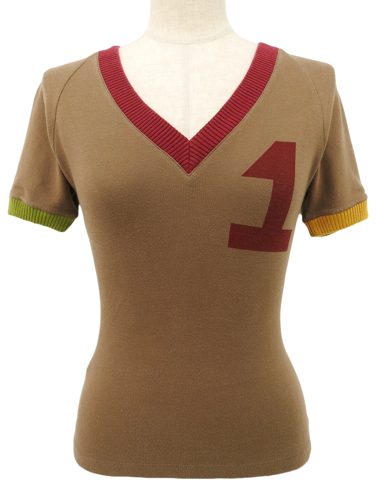 コットンラスタVネックハーフスリーブトップス　ブラウン/マルチ