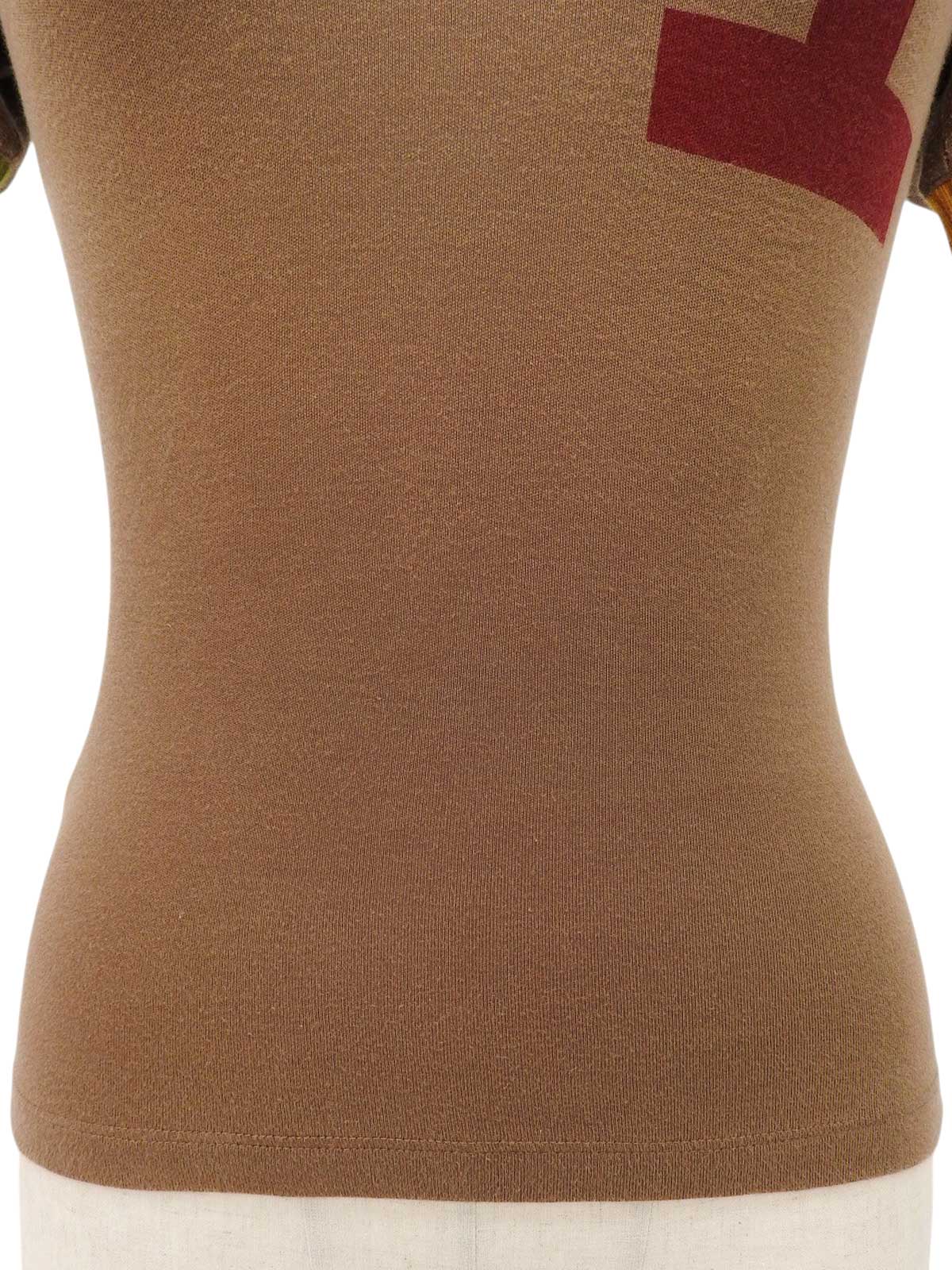 コットンラスタVネックハーフスリーブトップス　ブラウン/マルチ