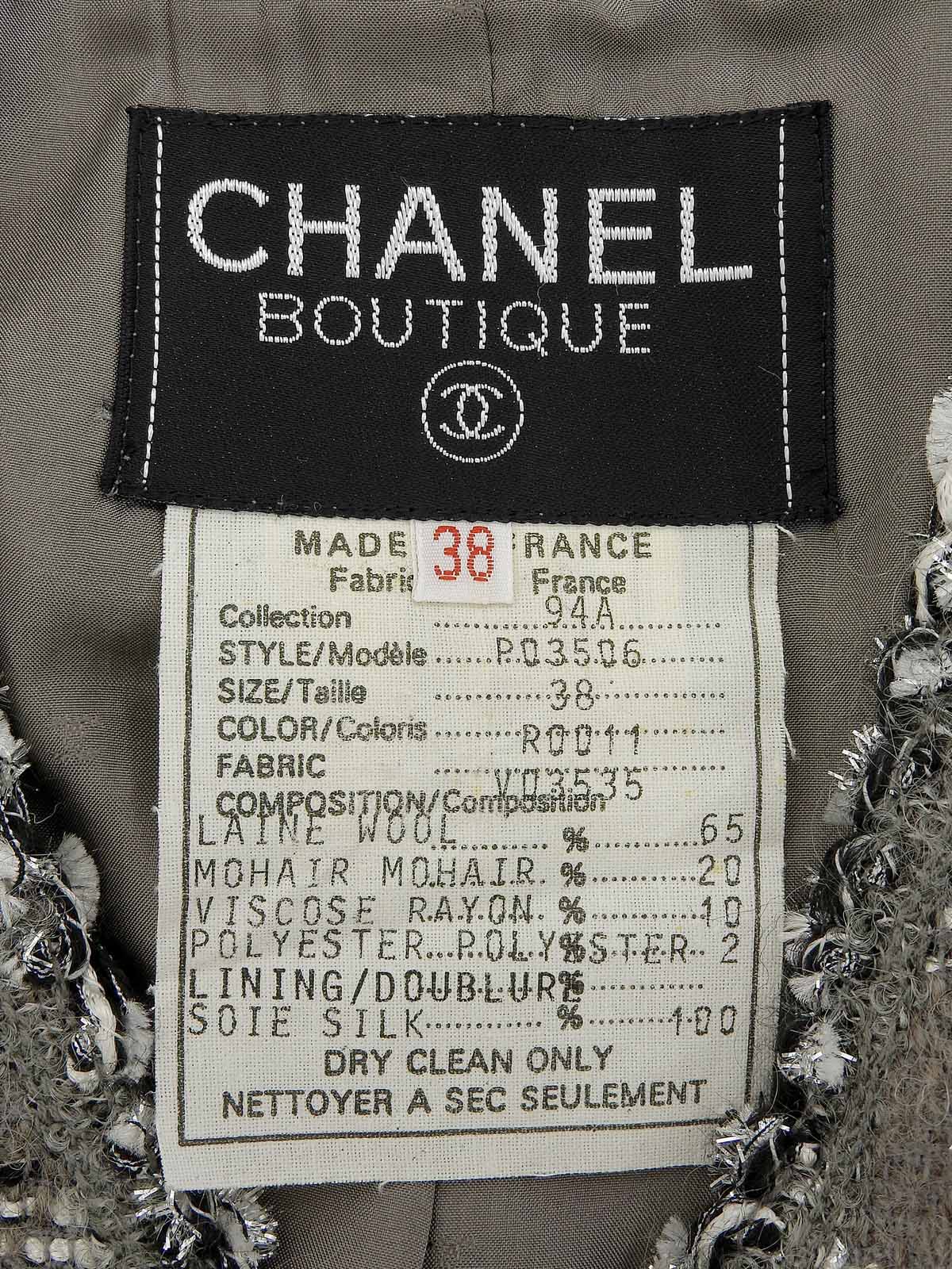 1994年製 ツイードCCマークボタンノーカラージャケット グレー/ホワイト/ブラック