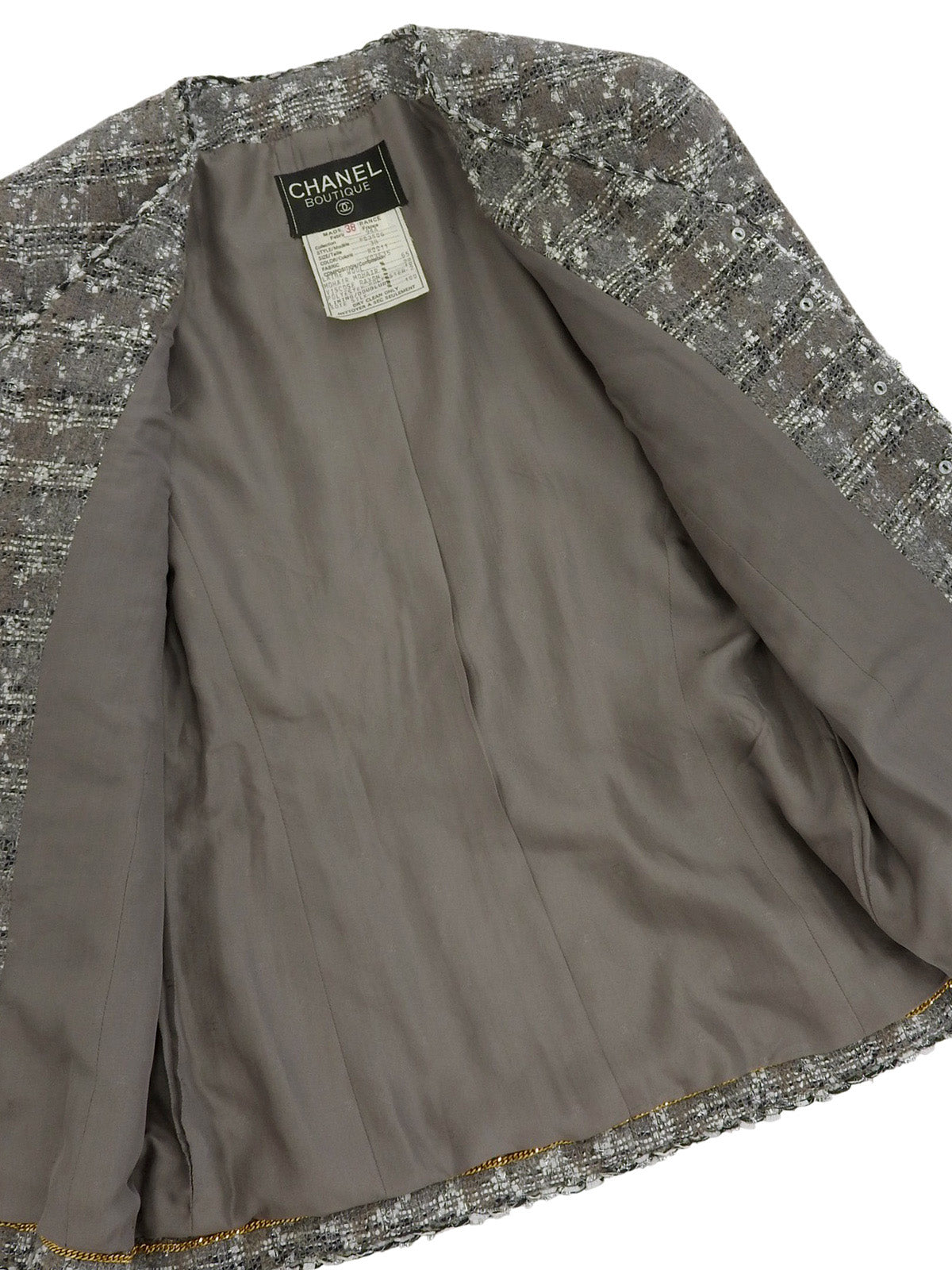 1994年製 ツイードCCマークボタンノーカラージャケット グレー/ホワイト/ブラック