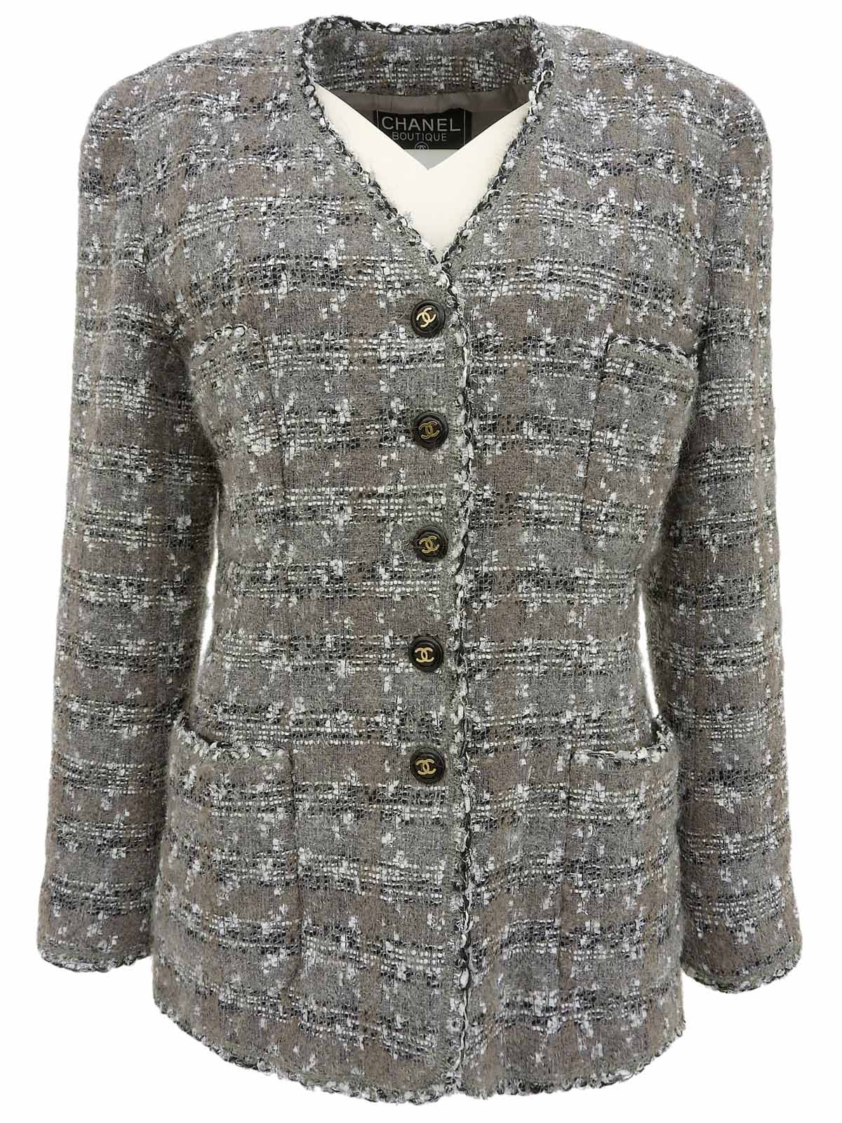 1994年製 ツイードCCマークボタンノーカラージャケット グレー/ホワイト/ブラック