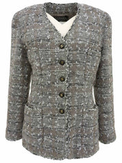 1994年製 ツイードCCマークボタンノーカラージャケット グレー/ホワイト/ブラック