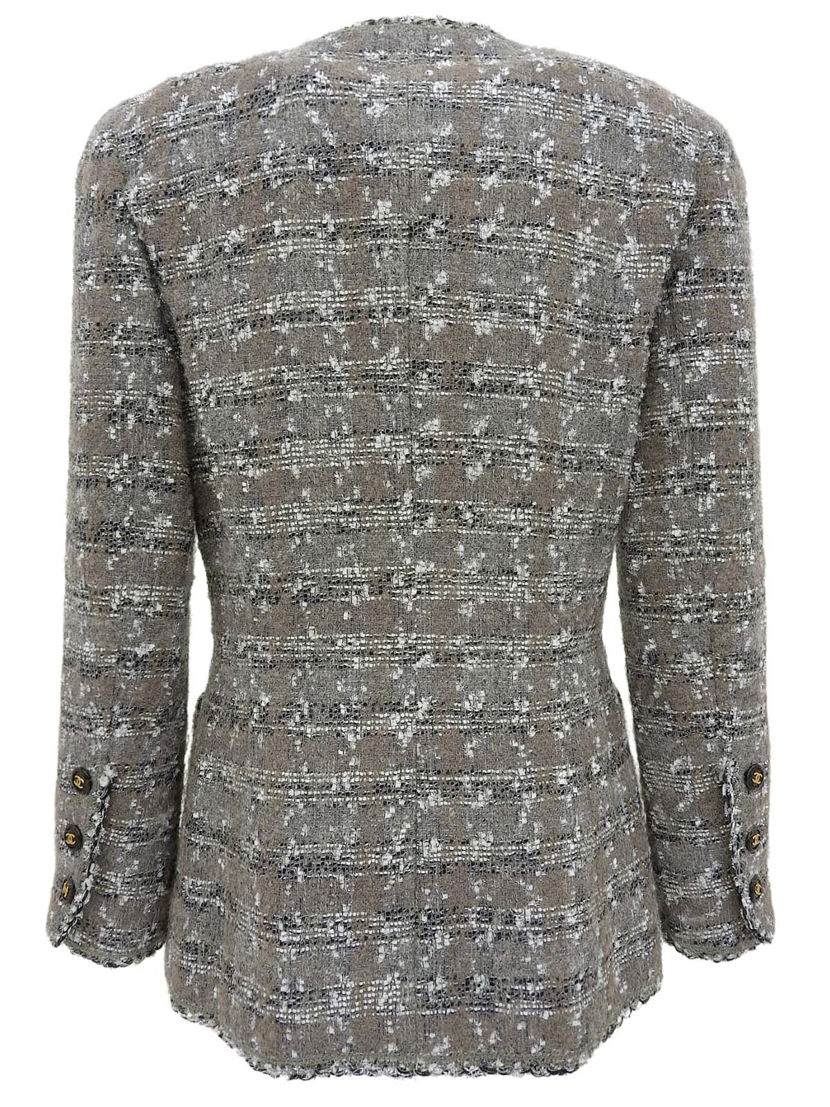 1994年製 ツイードCCマークボタンノーカラージャケット グレー/ホワイト/ブラック