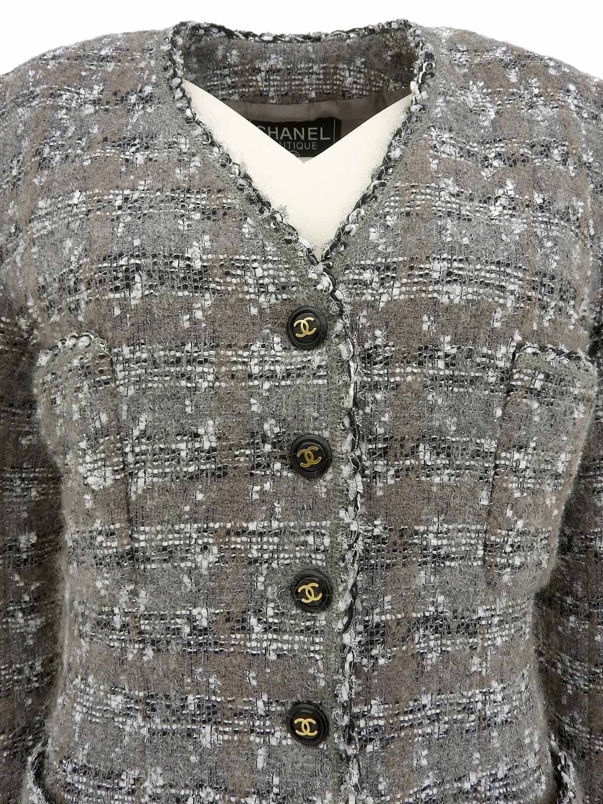 1994年製 ツイードCCマークボタンノーカラージャケット グレー/ホワイト/ブラック