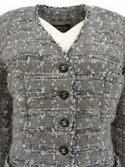 1994年製 ツイードCCマークボタンノーカラージャケット グレー/ホワイト/ブラック