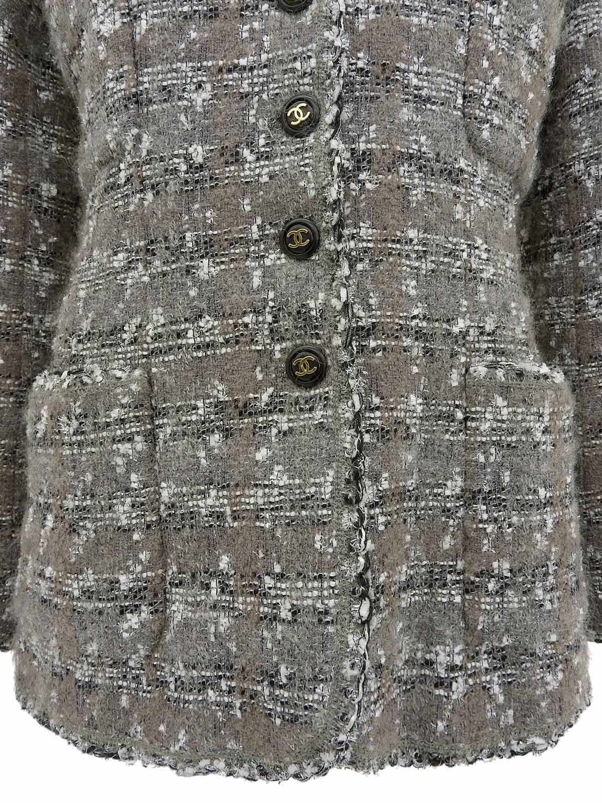 1994年製 ツイードCCマークボタンノーカラージャケット グレー/ホワイト/ブラック