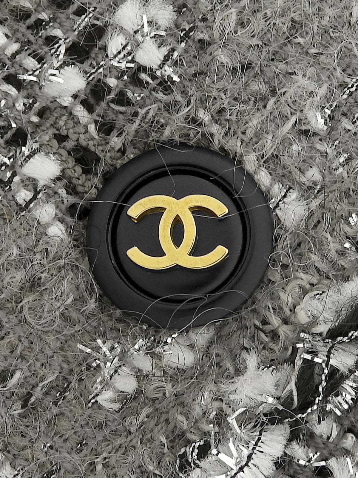 1994年製 ツイードCCマークボタンノーカラージャケット グレー/ホワイト/ブラック