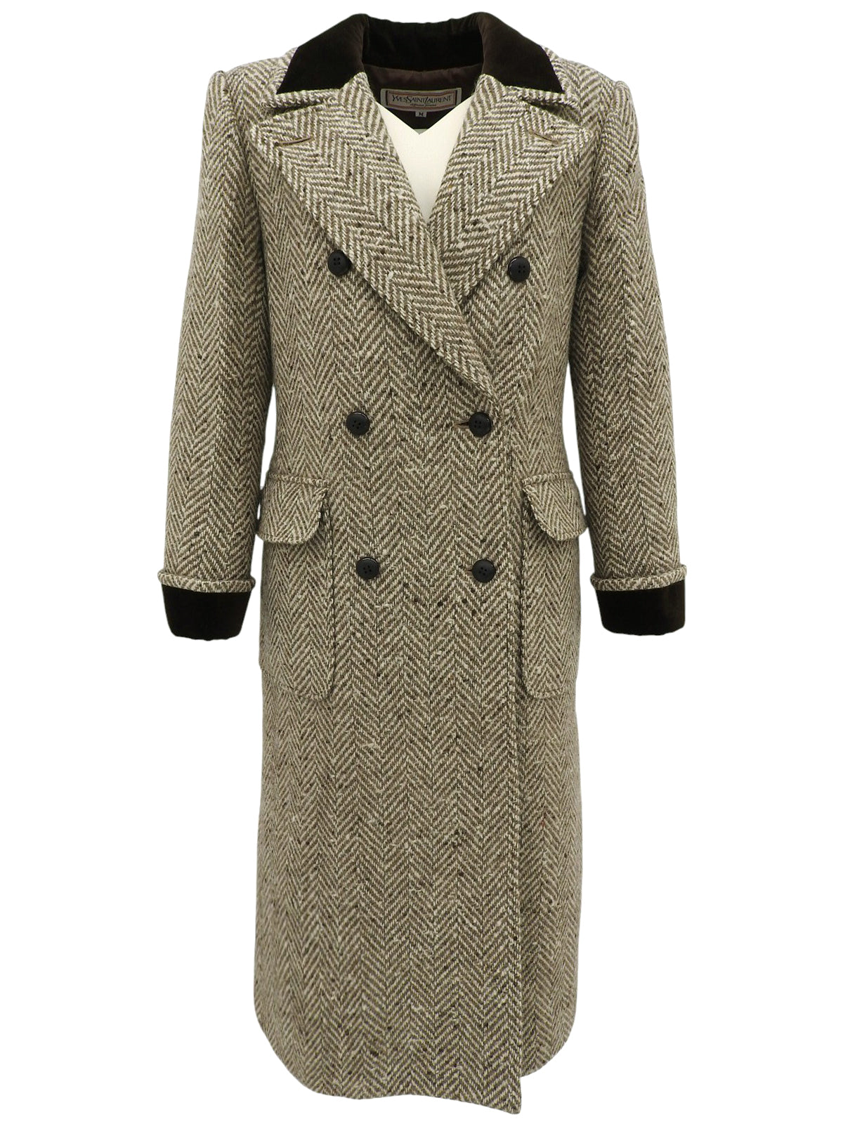 ヘリンボーンパターンロングコート　ベージュ／ブラウン