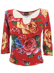 フラワーパターントップス レッド/マルチカラー