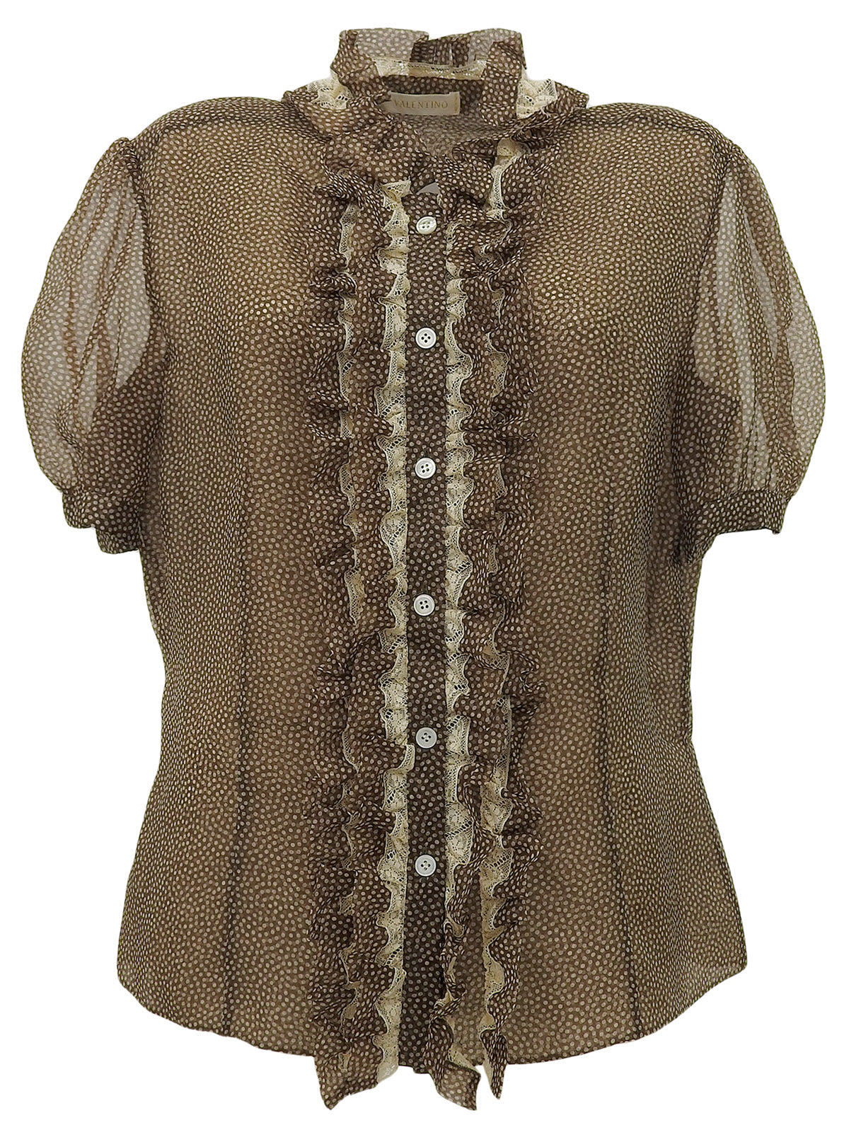 ドットパターンレース半袖トップス ブラウン