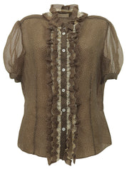 ドットパターンレース半袖トップス ブラウン