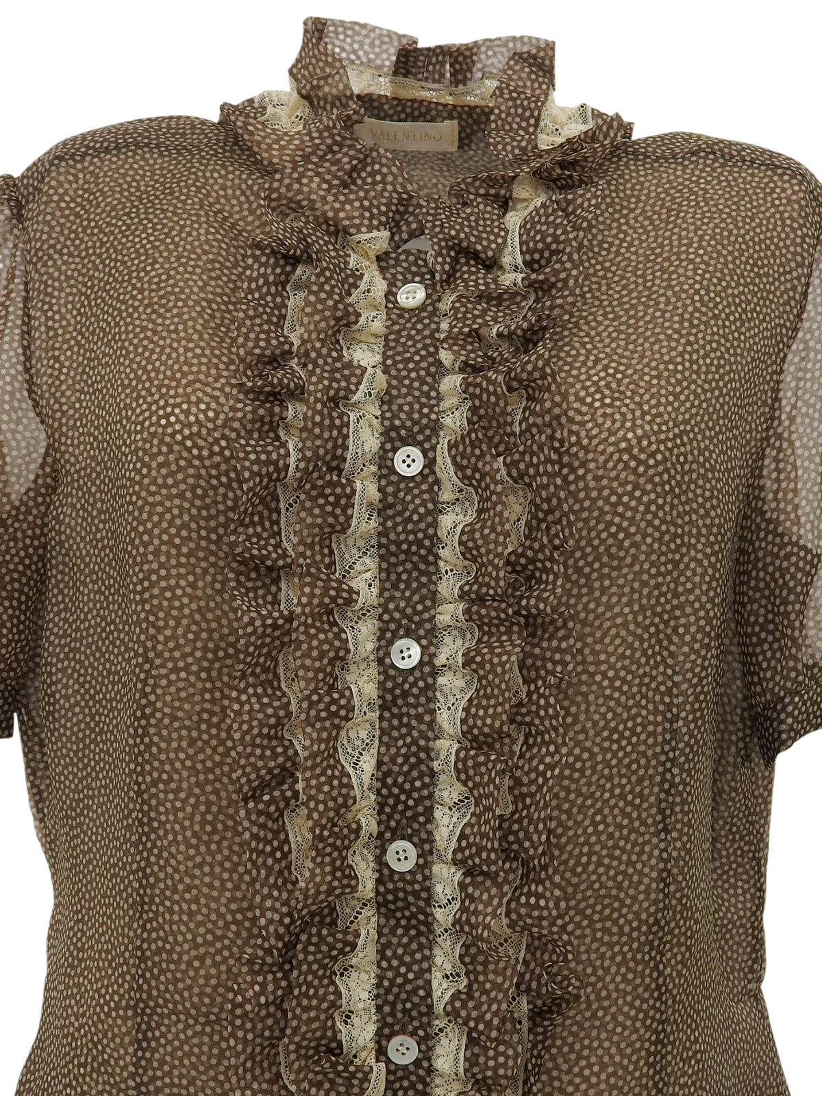 ドットパターンレース半袖トップス ブラウン