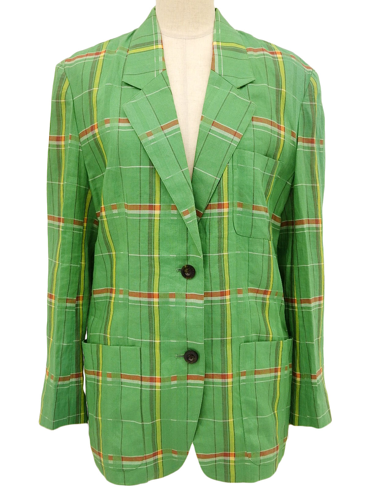 リネンチェックパターンジャケット グリーン