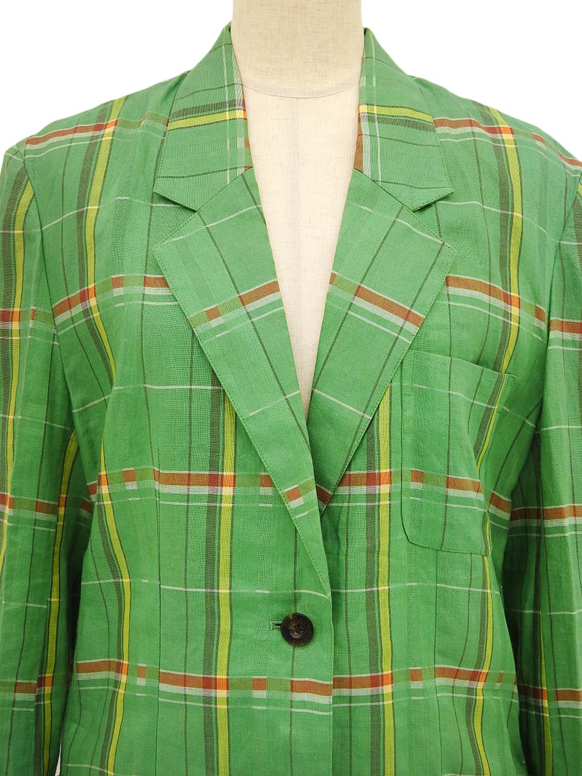 リネンチェックパターンジャケット グリーン