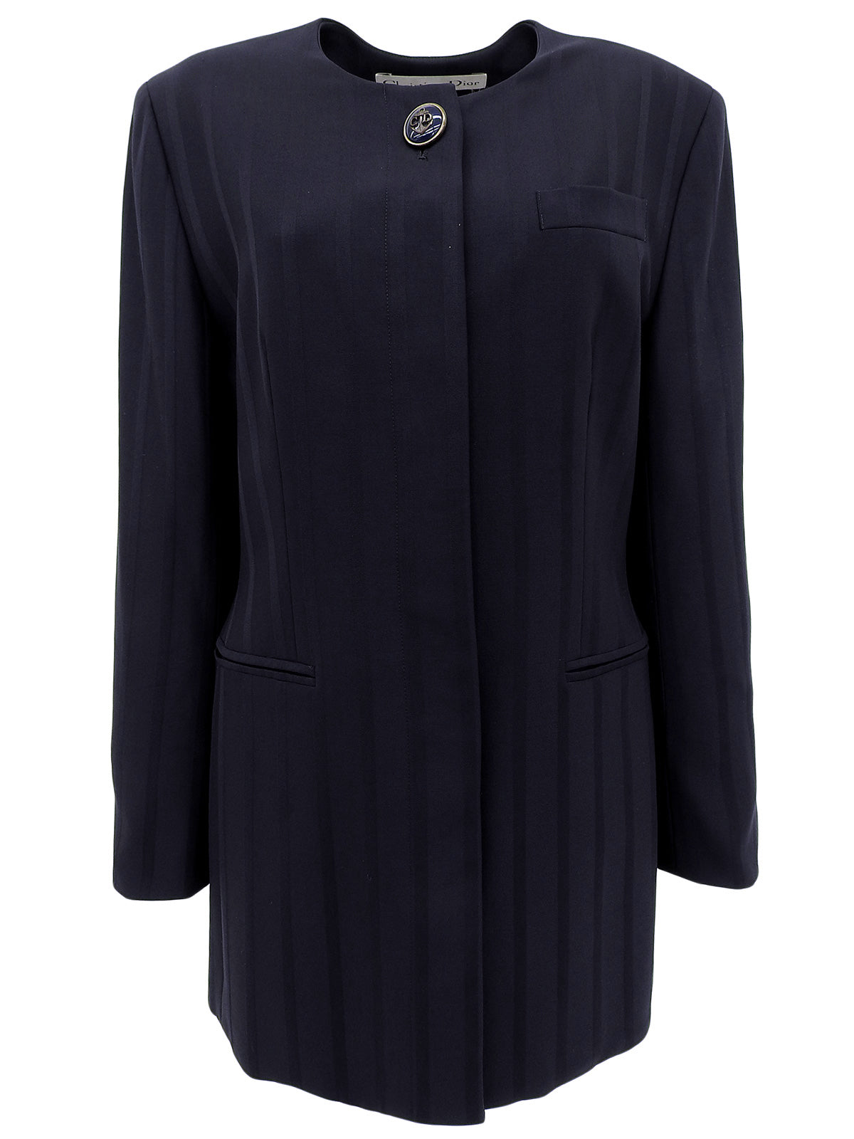Navy Striped Pattern Design Logo Button Collarless Jacket